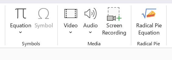 Microsoft PowerPoint ribbon icon for the Radical Pie equation editor